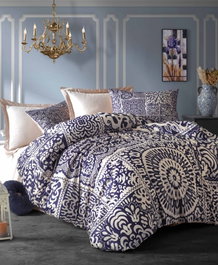 L'essentiel linge de maison Juego de funda de edredón doble azul oscuro y crema